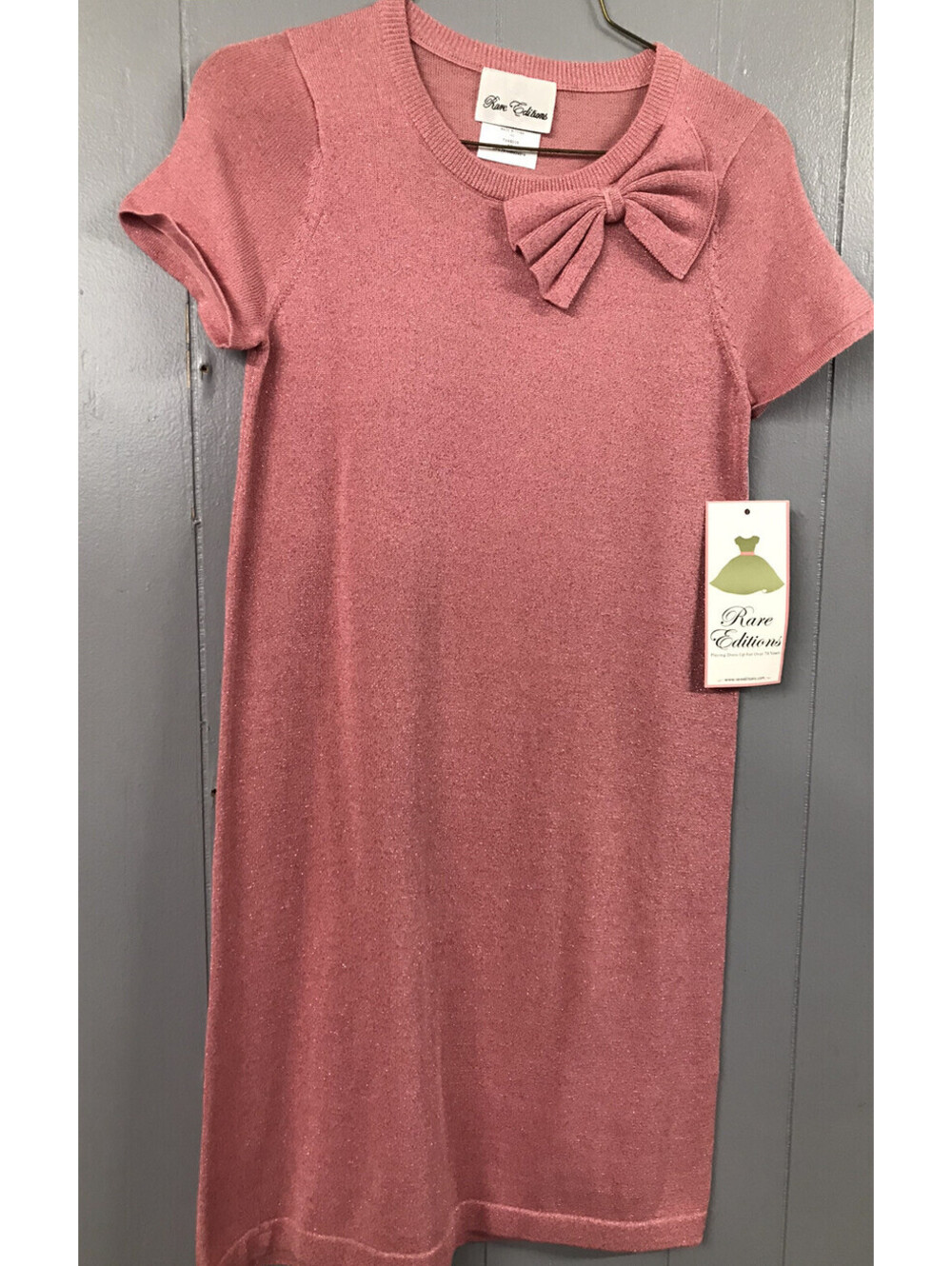 Rare Editions Girls Dress. Pink Sparkle with Bow. Short Sleeves. Size 14. NWT